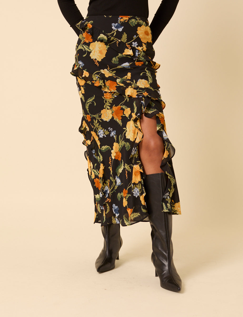 Black Floral Ruffle Midi Skirt