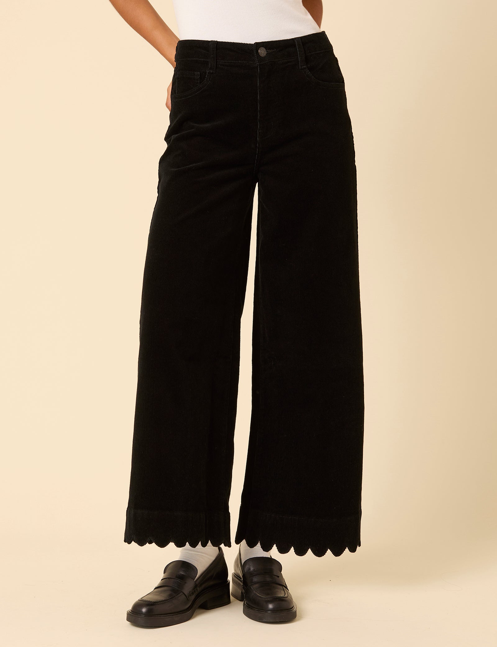 Black Cord Cropped Scallop Trim Jeans