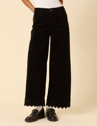 Black Cord Cropped Scallop Trim Jeans