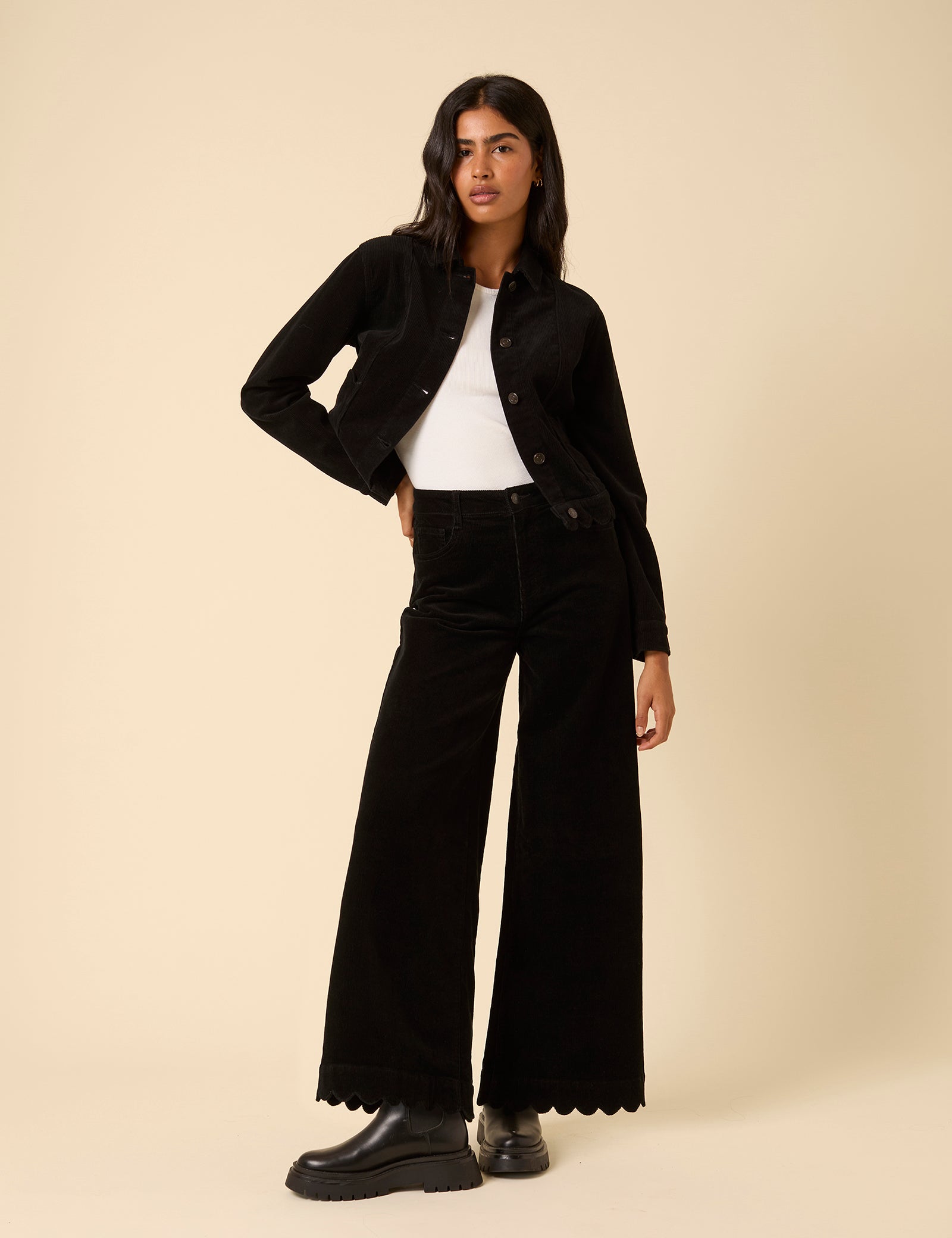 Black Cord Cropped Scallop Trim Jeans