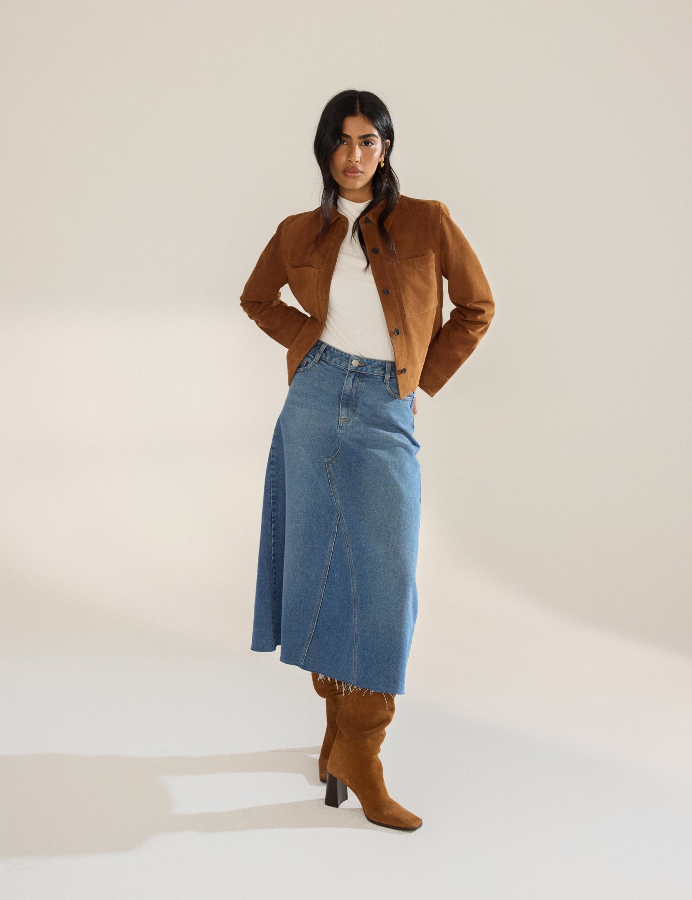 Outfit Ideas Women's Corduroy Skirt Blue Denim A-Line Midi Skirt