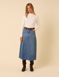 Blue Denim A-Line Midi Skirt