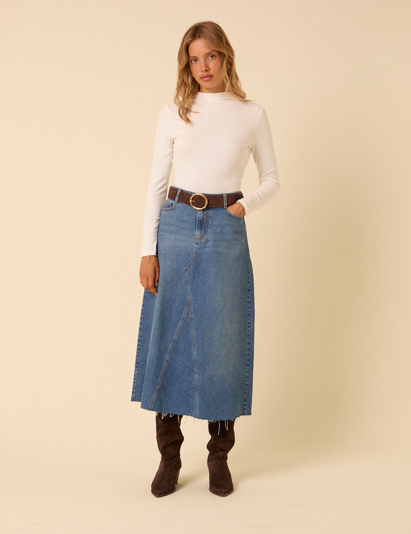 Blue Denim A-Line Midi Skirt