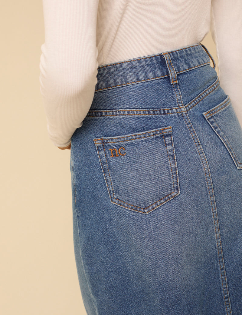 Blue Denim A-Line Midi Skirt