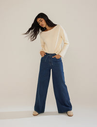 Dark Blue High Rise Tie Waist Wide Leg Jeans