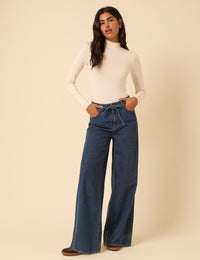 Dark Blue High Rise Tie Waist Wide Leg Jeans