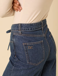 Dark Blue High Rise Tie Waist Wide Leg Jeans