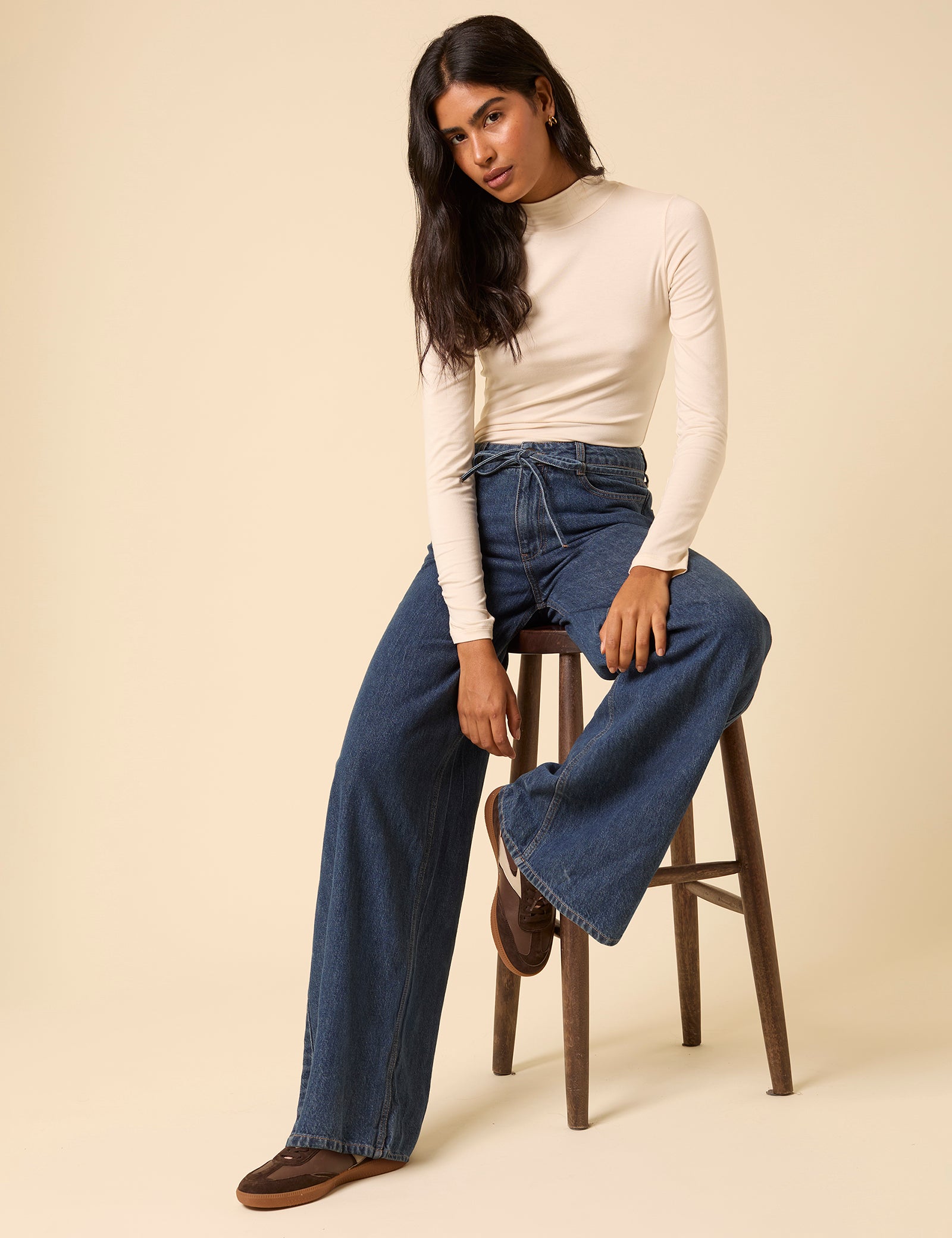 Dark Blue High Rise Tie Waist Wide Leg Jeans