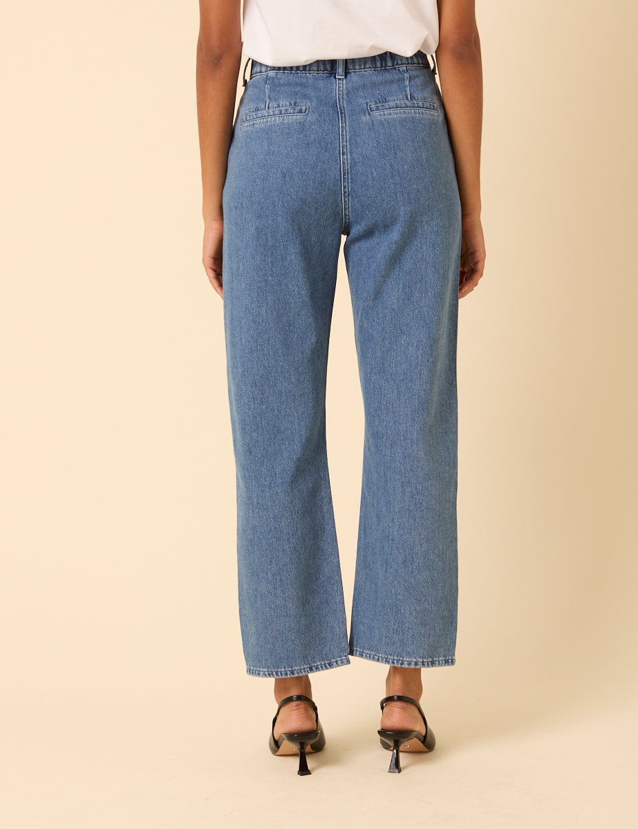 Blue High Rise Pleated Straight Leg Jeans