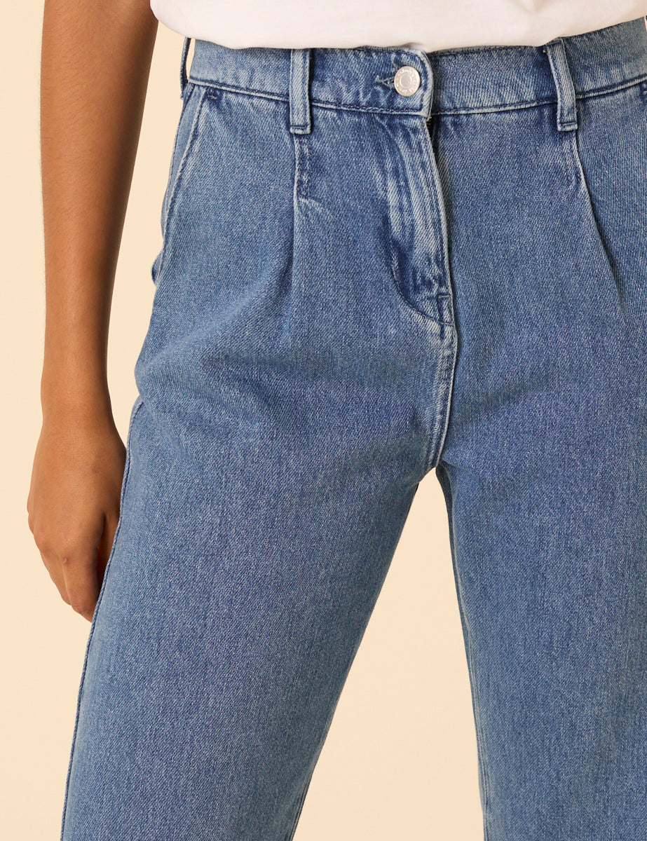 Blue High Rise Pleated Straight Leg Jeans