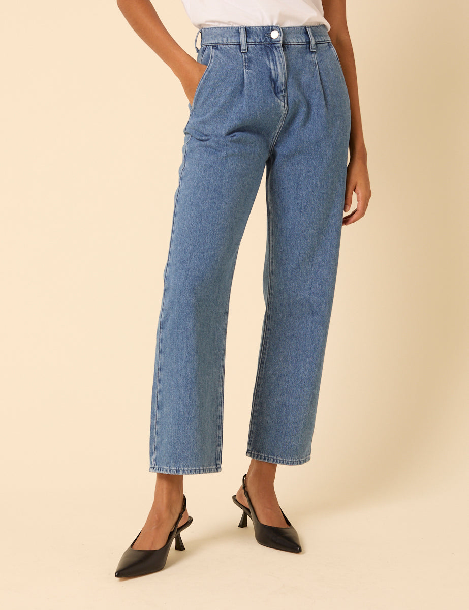 Blue High Rise Pleated Straight Leg Jeans