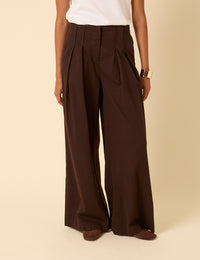 Brown Pleated Wide Leg Trousers
