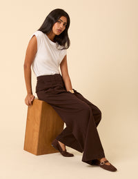 Brown Pleated Wide Leg Trousers