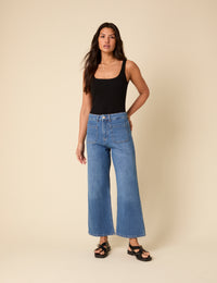 Blue Denim Cropped Wide Leg Jeans