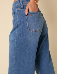 Blue Denim Cropped Wide Leg Jeans