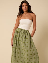 Green Gingham Embroidered Naples Midi Skirt