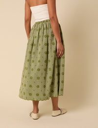 Green Gingham Embroidered Naples Midi Skirt
