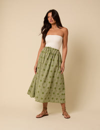 Green Gingham Embroidered Naples Midi Skirt
