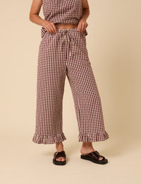 Brown Gingham Wide Leg Trousers