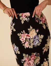 Black Floral Mila Midi Slip Skirt