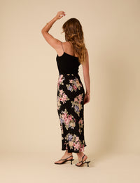 Black Floral Mila Midi Slip Skirt