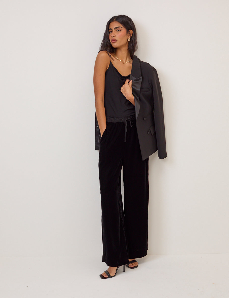 Black Velvet Contrast Satin Side Striped Trousers