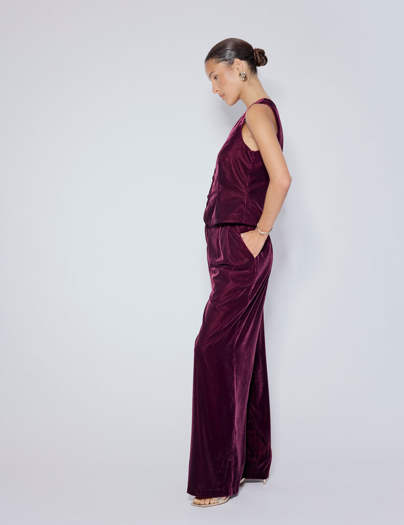 Burgundy Velvet Wide Leg Trousers