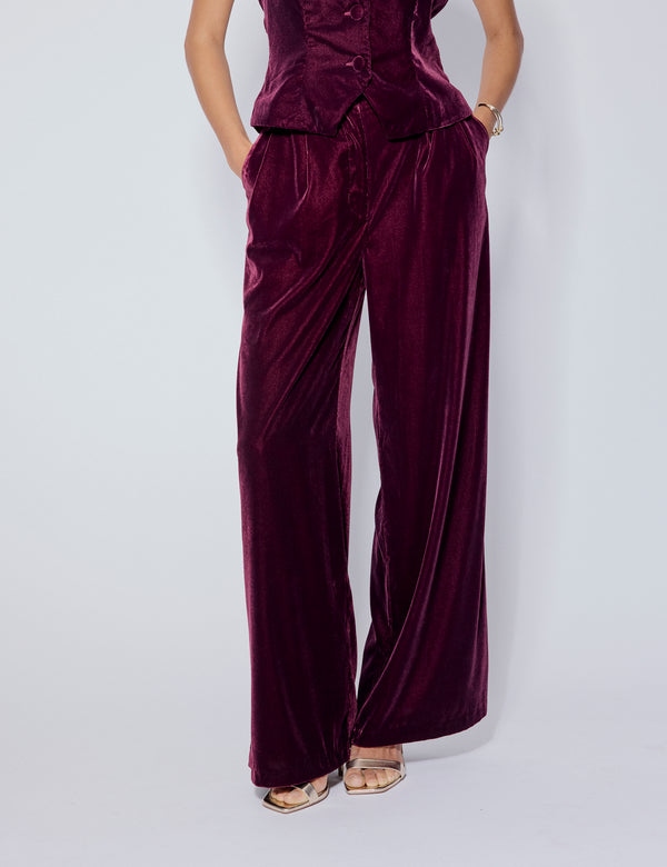 Burgundy Velvet Wide Leg Trousers