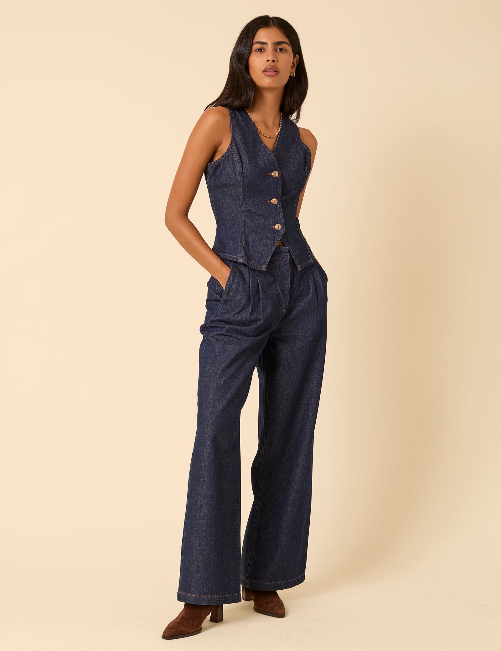 Dark Blue High Rise Pleated Tailored Jeans