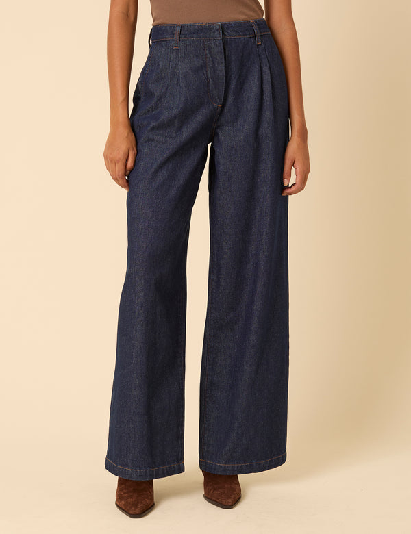 Dark Blue High Rise Pleated Tailored Jeans