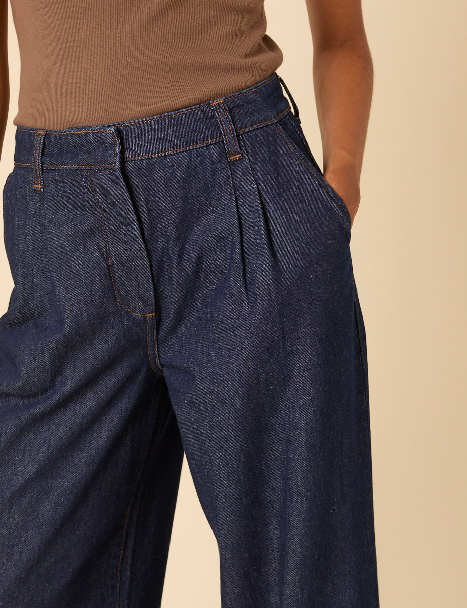 Dark Blue High Rise Pleated Tailored Jeans