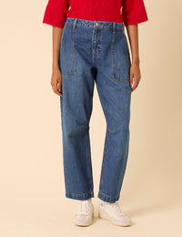 Blue Mid Rise Utility Barrel Leg Jeans