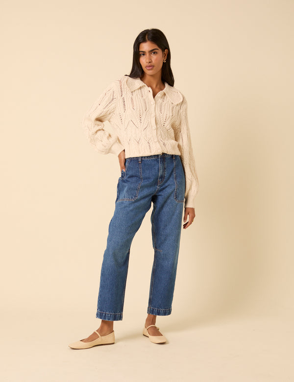Blue Mid Rise Utility Barrel Leg Jeans