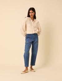 Blue Mid Rise Utility Barrel Leg Jeans