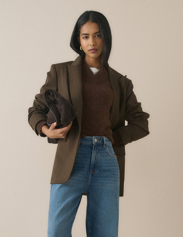 Brown V-Neck Ribbed Trim Jumper