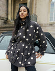 Black Polka Dot Cinched Waist Relaxed Padded Jacket