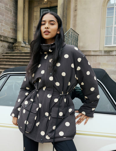 Black Polka Dot Cinched Waist Relaxed Padded Jacket