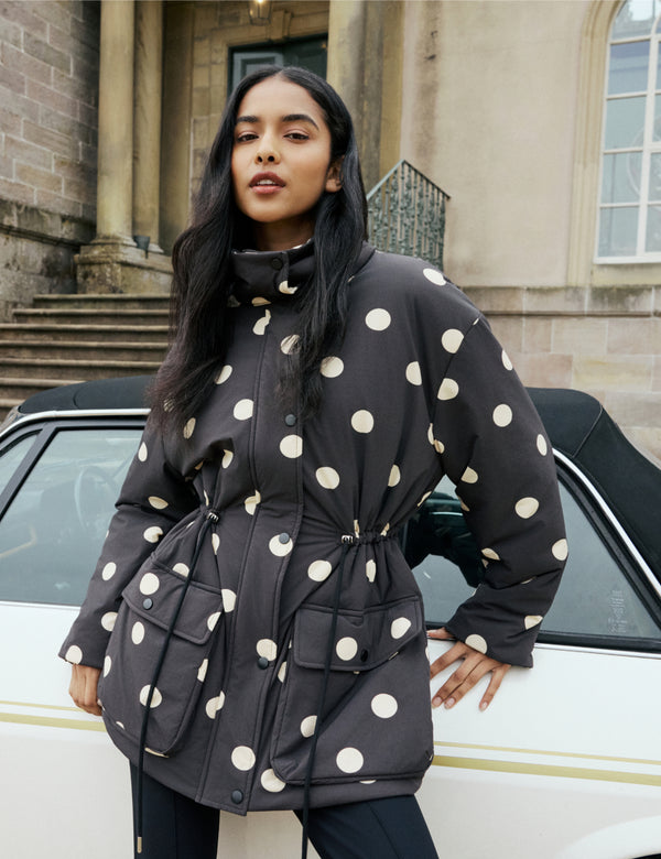 Black Polka Dot Cinched Waist Relaxed Padded Jacket