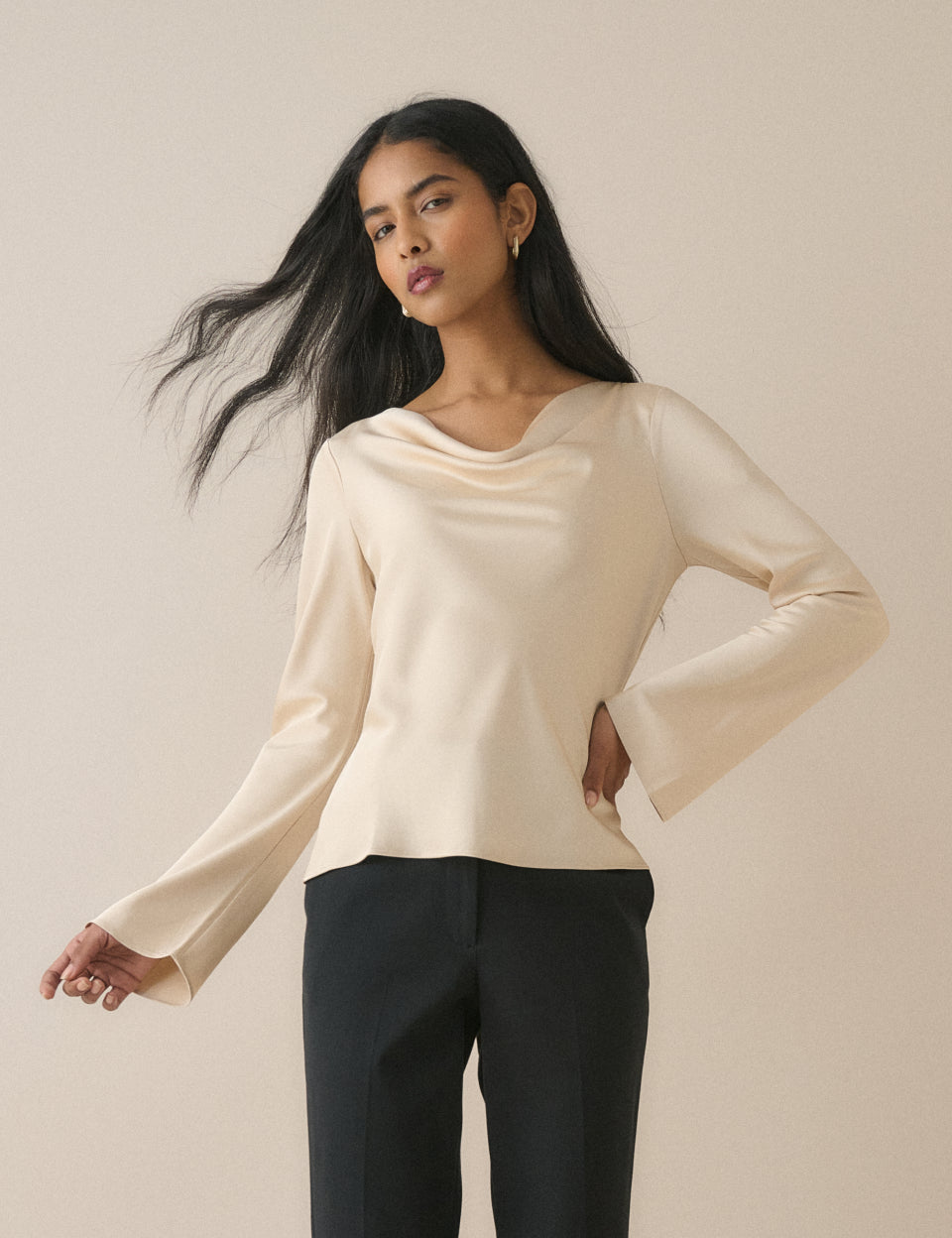 Cream Cowl Neck Satin Top