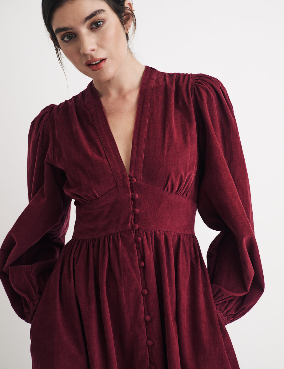 Burgundy Cord Long Sleeve Starlight Midi Dress