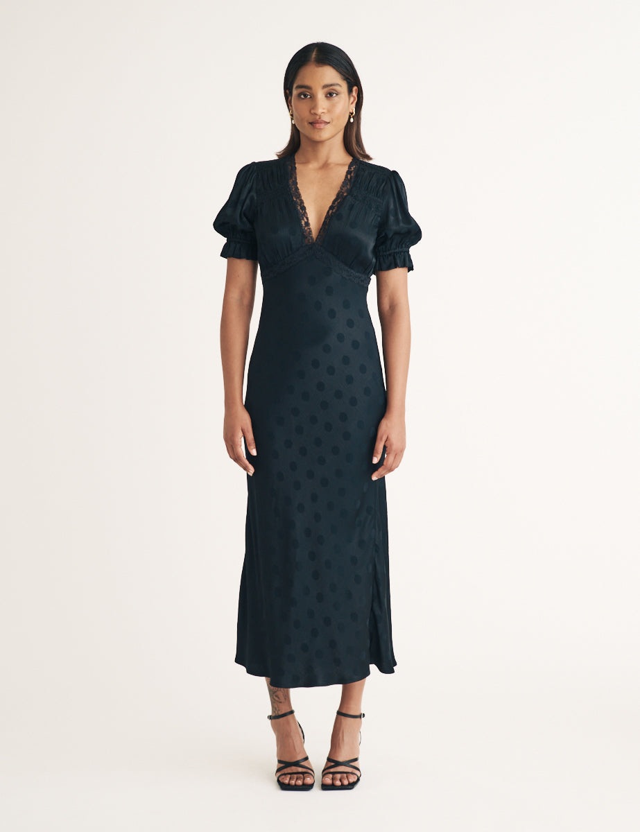 Black Polka Dot Jacquard Angela Midi Dress - Main Image