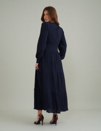 Navy Ruched Long Sleeve Nel Midi Dress