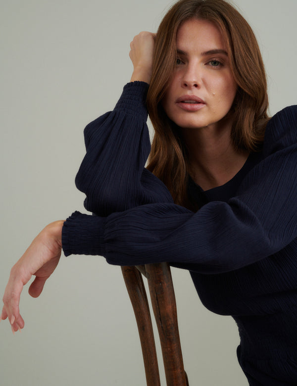 Navy Ruched Long Sleeve Nel Midi Dress