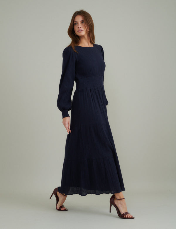 Navy Ruched Long Sleeve Nel Midi Dress