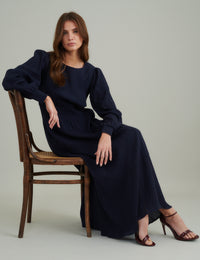 Navy Ruched Long Sleeve Nel Midi Dress