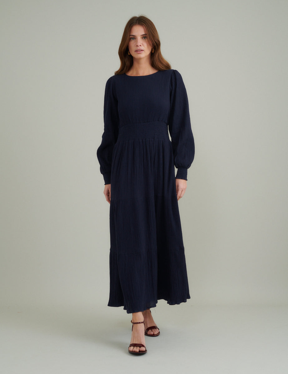 Navy Ruched Long Sleeve Nel Midi Dress