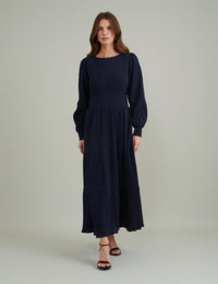 Navy Ruched Long Sleeve Nel Midi Dress