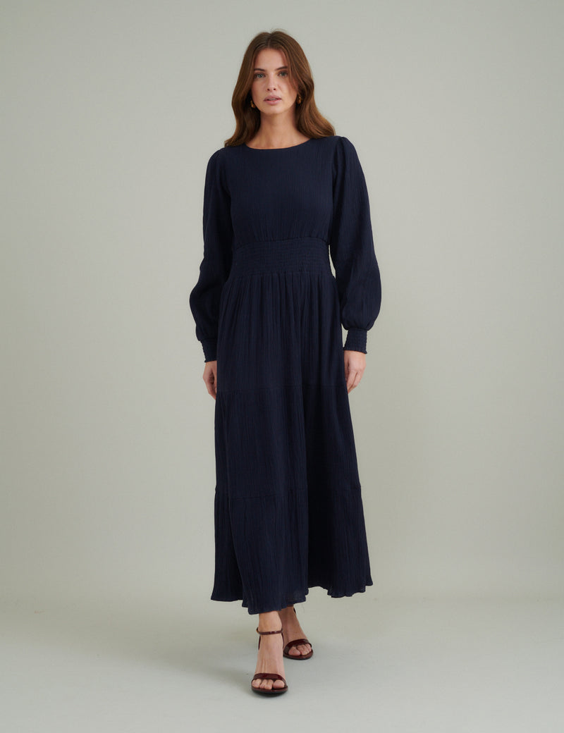Navy Ruched Long Sleeve Nel Midi Dress