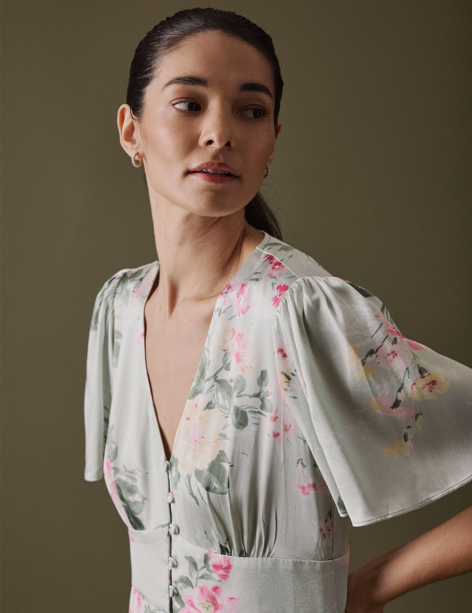 Floral Green V Neck Midi Erin Dress Floral Green V Neck Midi Erin Dress