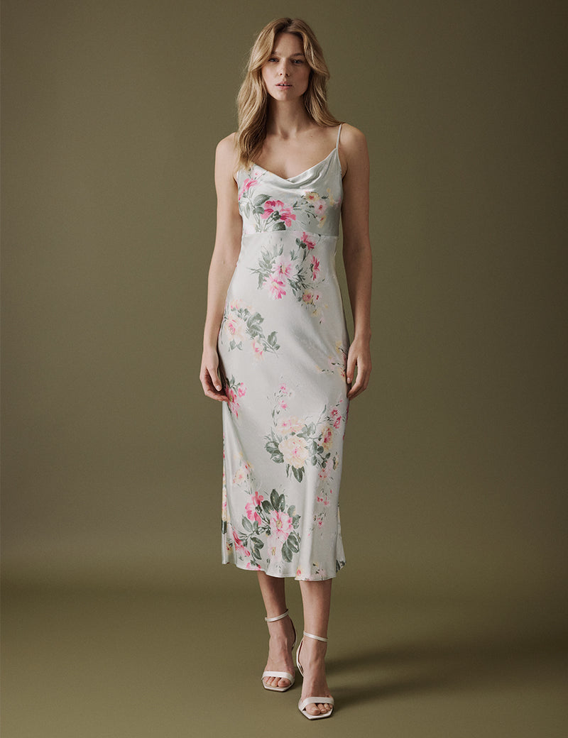 Floral Green Cowl Neck Midi Trixie Dress